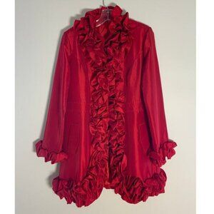 Red Ruffle Button front poly silk jacket